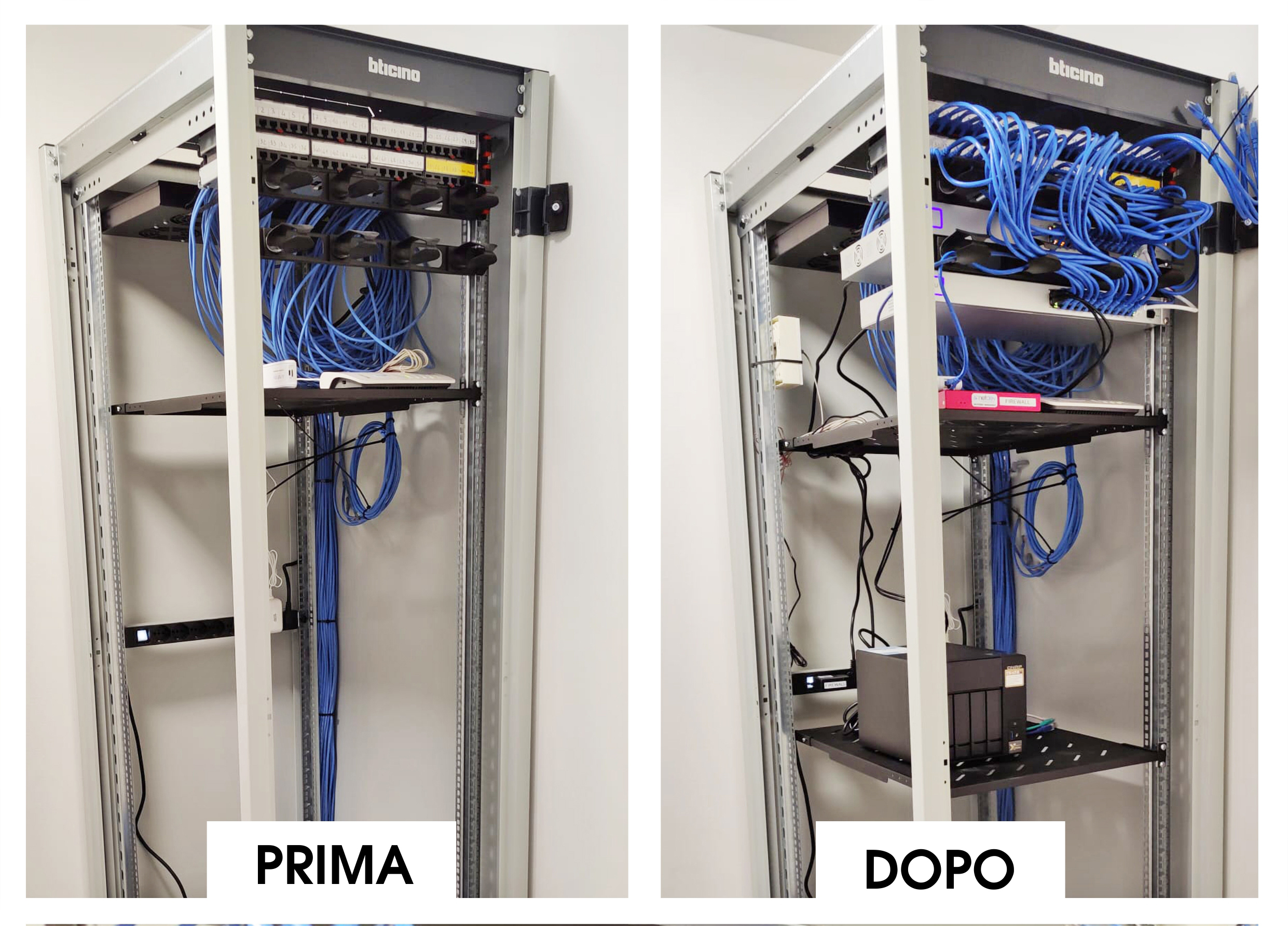 Sistemazione armadio rack con cablaggio, attivazione fibra FTTC 100 e installazione Firewall